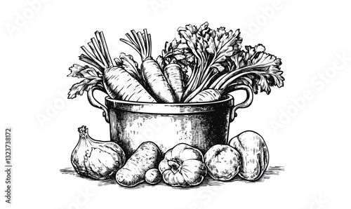 Assorted vegetables in pot - flat style icons set vector.