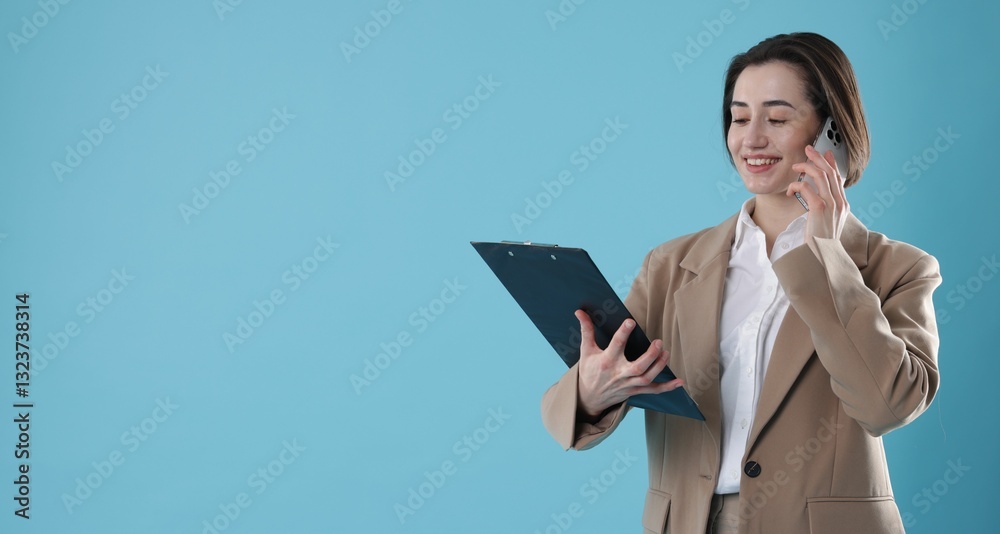 Smiling secretary with clipboard talking on smartphone against light blue background. Space for text Smiling secretary with clipboard talking on smartphone against light blue background. Space for text