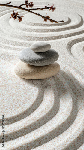 Zen Garden Serenity: A balanced stack of smooth stones, symbolizing harmony and tranquility, rests within an artfully raked sand garden, accented by delicate blossoming branches.