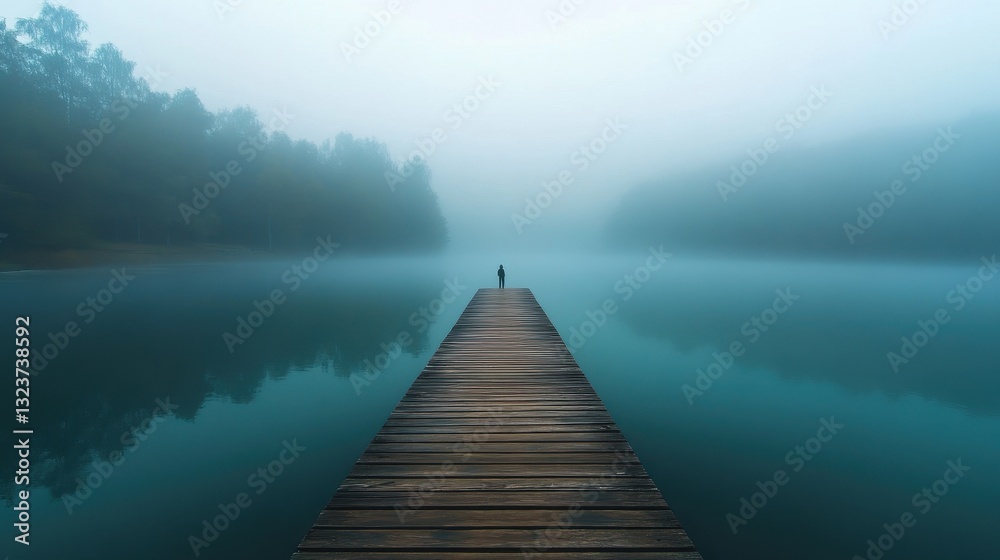 Fototapeta premium Solitary figure on a misty lake pier, wooden planks extending into tranquil water. Perfect for themes of solitude, reflection, or peaceful contemplation.