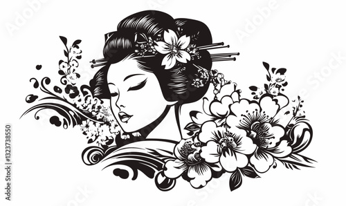 Elegant geisha with floral elements in black and white - flat icons set, vector.