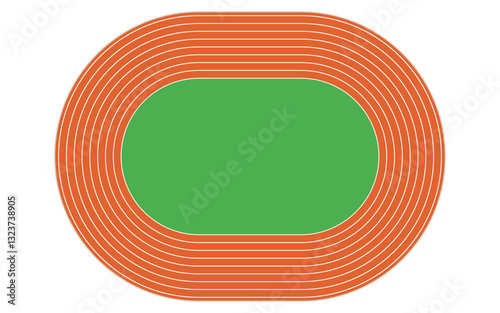 Athletics stadium with an oval orange running track and a green inner field, featuring eight marked lanes in a minimalistic style. Vector illustration EPS10.
