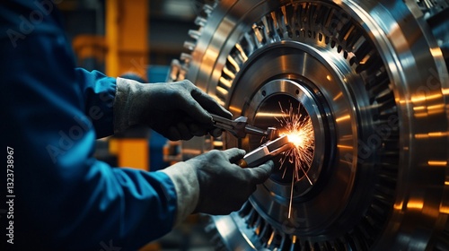 Maintenance Engineer Repairing Turbine System in Factory with Heavy-Duty Safety Gear and Specialized Tools, Sparks Flying