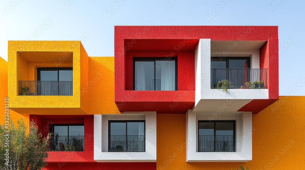 Fototapeta premium Modern architecture facade with cube shapes, showcasing a unique colorful urban design