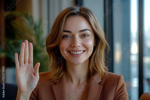 Wallpaper Mural Webcam view, online video call. Woman smiles and looks into the camera, waves her hand in greeting gesture. Businesswoman at a remote business meeting Torontodigital.ca