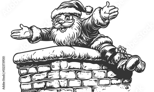 Jolly santa claus in chimney vector - linear christmas icons set.