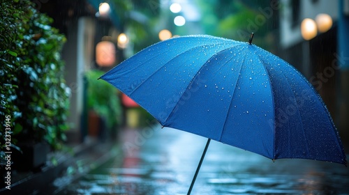 A classic blue umbrella, adorned with intricate details, stood sentinel against the impending rain, its sturdy frame promising protection from the urban deluge.