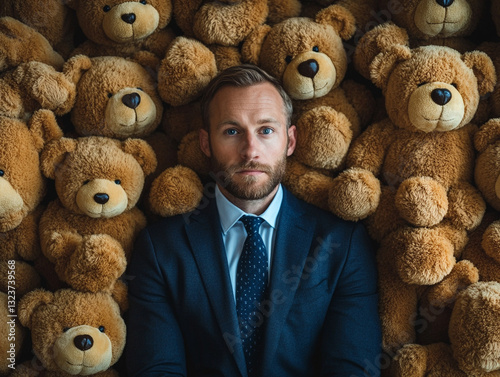 Man sitting among teddy bears in an indoor setting