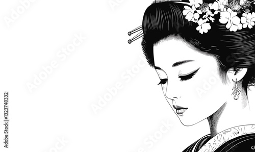 Traditional geisha portrait with floral hairpiece, elegant art in black and white, linear icons set, vector.