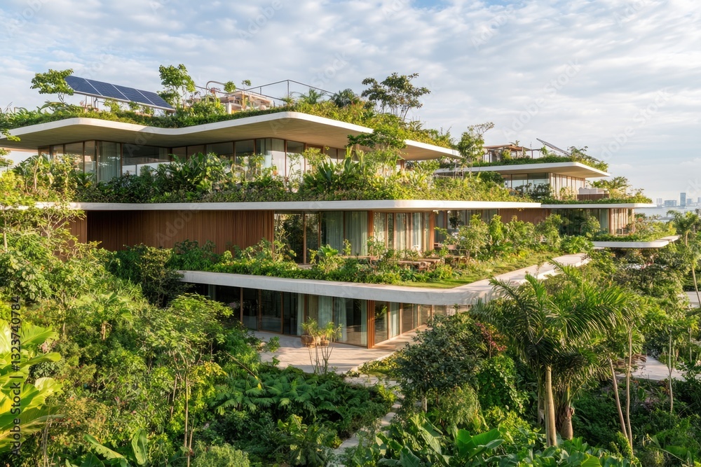 Rooftop Solar Panels on a Modern Building Surrounded by Lush Greenery in a Vibrant City Setting Rooftop Solar Panels on a Modern Building Surrounded by Lush Greenery in a Vibrant City Setting