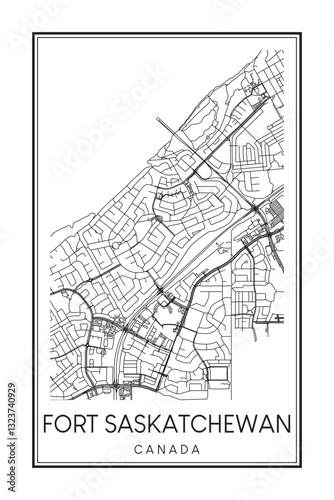 Hand drawn printable downtown road map poster of the Canadian city of FORT SASKATCHEWAN on solid white background with city name