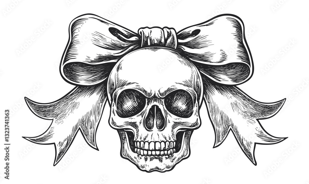 Fototapeta premium Skull with ribbon illustration - black and white vector, linear icons set.