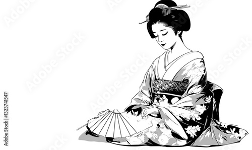 Traditional japanese geisha in kimono with fan - black and white vector, flat icons set.