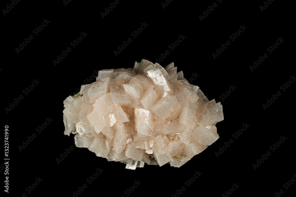 Dolomite crystal cluster with translucent geometric formations on a black background. Dolomite crystal cluster with translucent geometric formations on a black background.