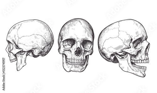 Human skull anatomy front and side views, vector icons set, linear style.