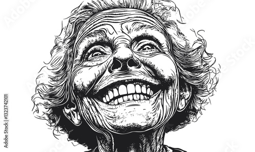 Elderly woman smiling with exaggerated expression, retro art style, linear icons set, vector.