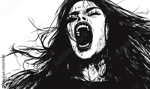Screaming woman with long hair in black and white, intense emotion, linear icons set, vector.