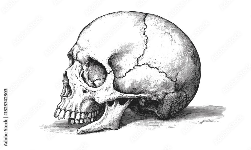 Skull profile in detailed monochrome vector, linear style icons set. Skull profile in detailed monochrome vector, linear style icons set.