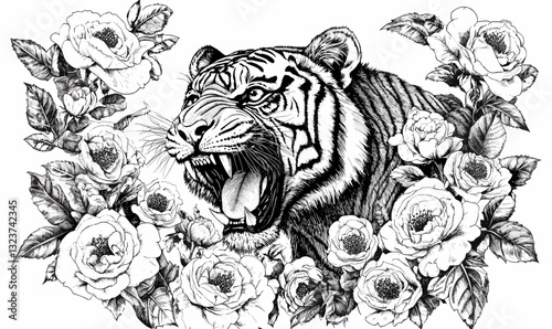 Wallpaper Mural Roaring tiger surrounded by roses with leaves, monochrome, linear style icons set. Torontodigital.ca