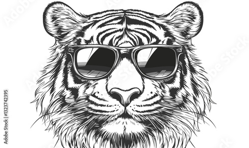 Cool tiger with sunglasses in black and white linear art, vector icons set.