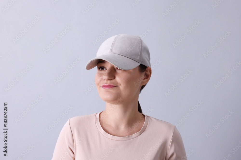Woman in baseball cap on grey background. Mockup for design Woman in baseball cap on grey background. Mockup for design