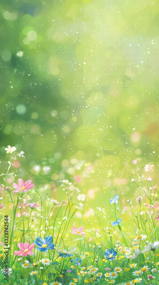 Fototapeta premium Blooming Meadow: Capturing the vibrant beauty of a sun-kissed meadow, a painterly depiction of wildflowers in a lush field of green, with a touch of sunlight to enhance the dreamy scene