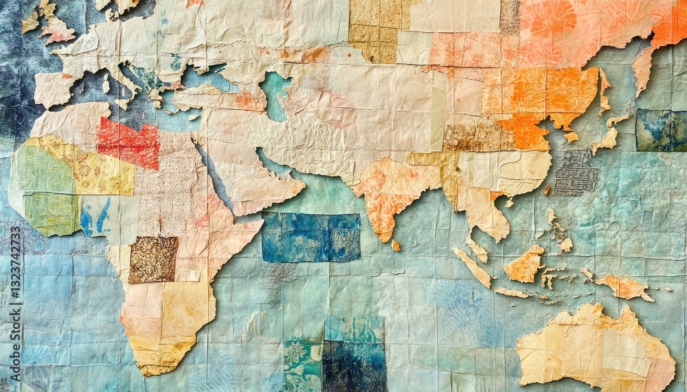 Naklejka premium Abstract world map artwork on textured surface with diverse colors and artistic details