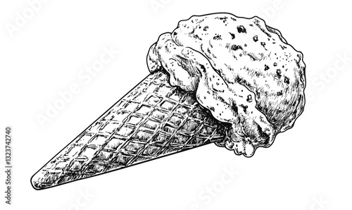 Detailed ice cream cone drawing, linear art, monochrome icons set, vector.