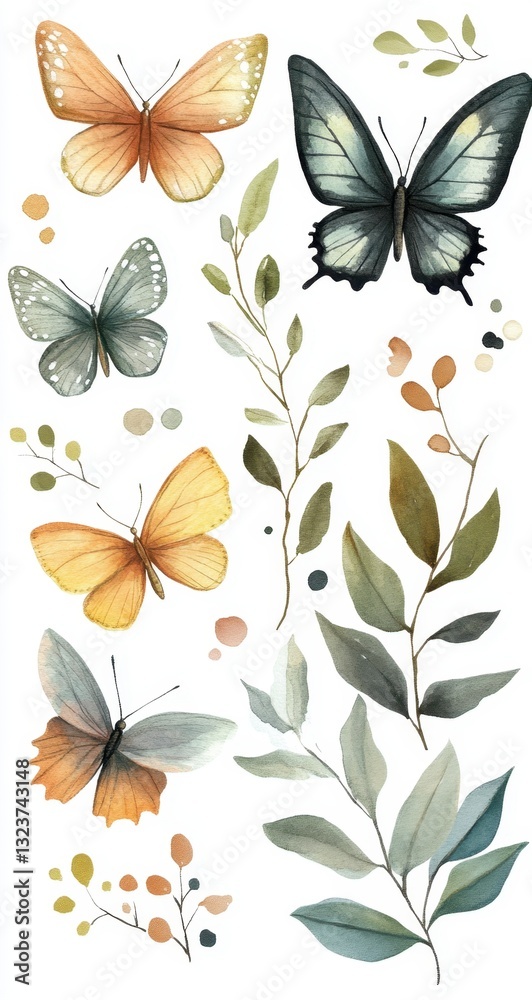 Fototapeta premium Delicate Watercolor Butterflies and Leaves - A Nature Inspired Design