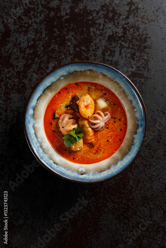 Spicy Thai seafood soup with shrimp, squid, and mussels in coconut broth. A rich and aromatic Asian dish. Top view