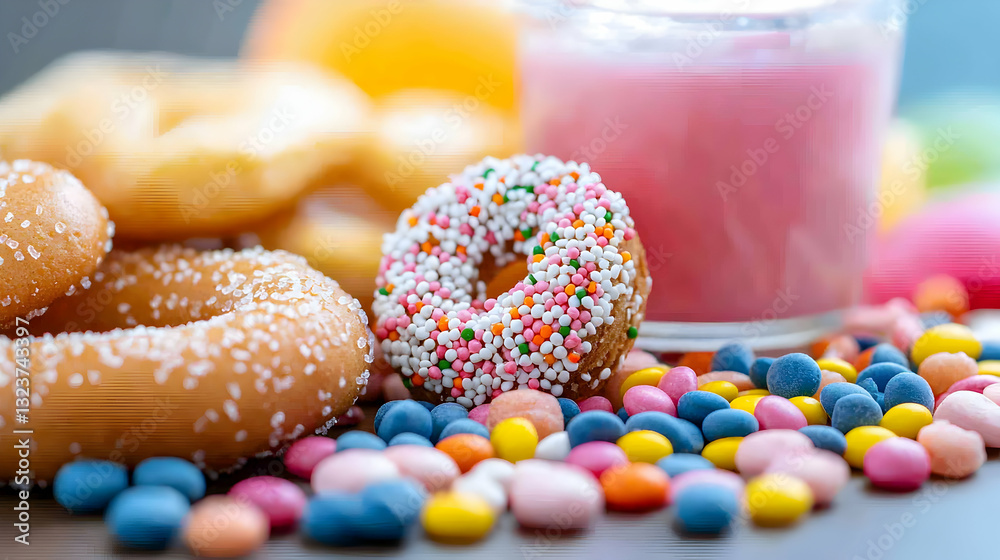 Close Up of Assorted Donuts and Candies with Pink Drink Close Up of Assorted Donuts and Candies with Pink Drink