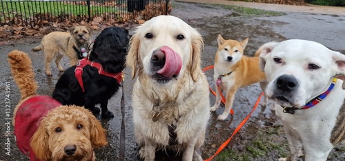 A pack of cute and happy dog friends of various breed, age and size are hanging out together in a green park on a sunny day enjoying their group dog walk - dog walking, pet sitting, dog day care