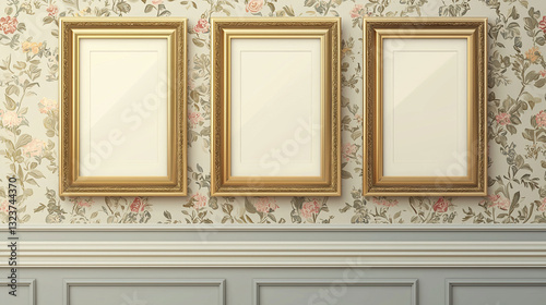 elegant gold frames on floral wallpaper photo