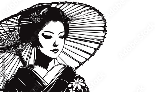 Traditional japanese geisha with umbrella, flat icons set, vector.