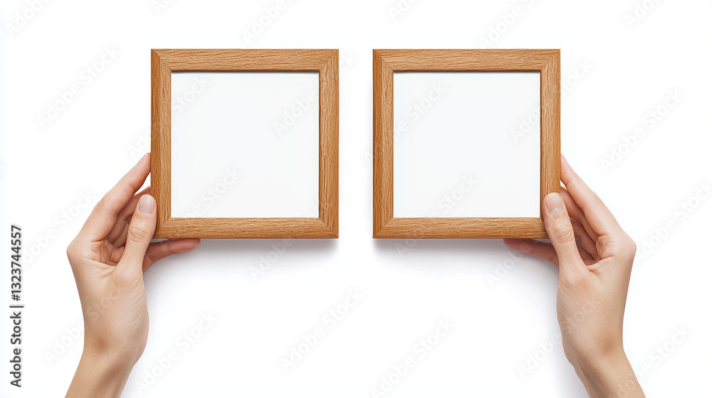 hands holding empty wooden frames on white background hands holding empty wooden frames on white background