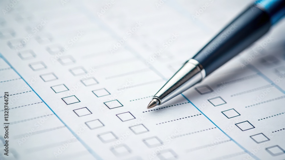 financial planning expenses protection concept. Close-up of a pen resting on a checklist with empty boxes. financial planning expenses protection concept. Close-up of a pen resting on a checklist with empty boxes.