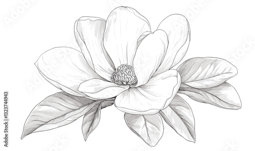 Elegant magnolia blossom with leaves in flat linear icons set, vector.