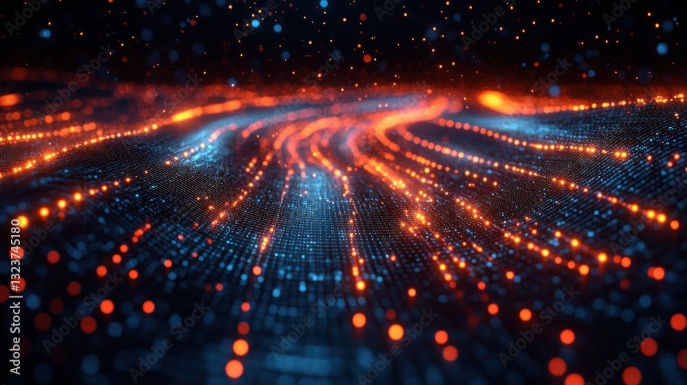 Fototapeta premium Abstract digital network flow, glowing particles, dark background. Possible use technology, futuristic