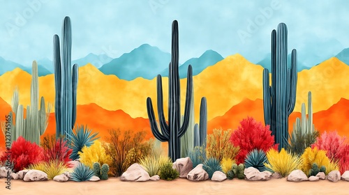 Desert Landscape Featuring Colorful Cacti and Mountains photo