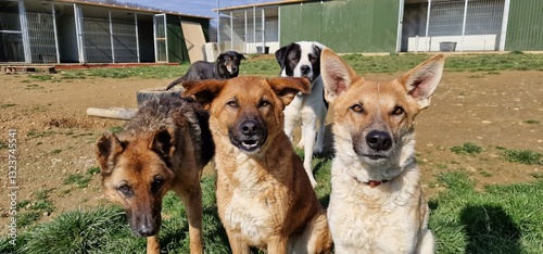Billede på lærred A group of adorable large mixed breed rescue dogs enjoying a sunny day outside o