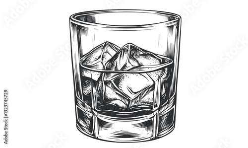 Whiskey glass with ice cubes - linear icons set vector.
