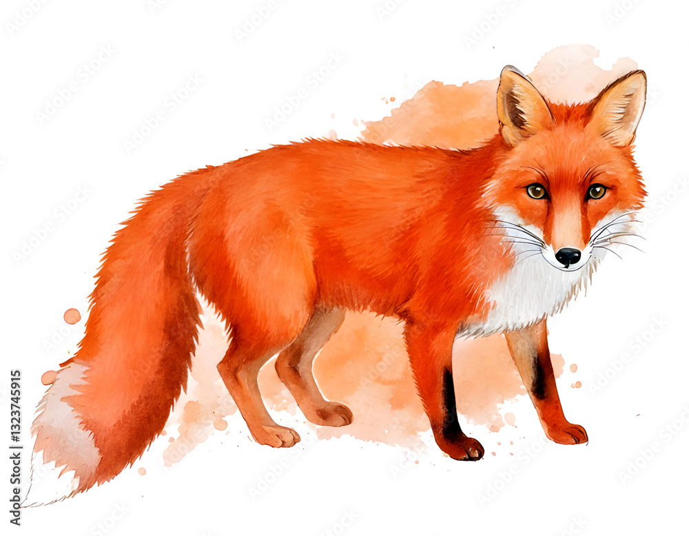 Obraz premium Watercolor red fox standing alertly, gazing forward against pristine white background