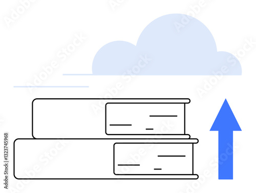 Stack of books with upward arrow and cloud representing digital storage, education, or learning. Ideal for education, cloud computing, digital transformation, knowledge, innovation, storage