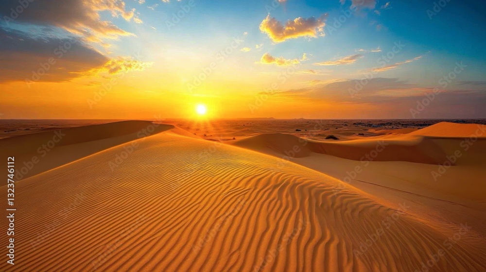 Naklejka premium The golden glow of the sun setting over a vast desert landscape, casting long shadows on the sand dunes.