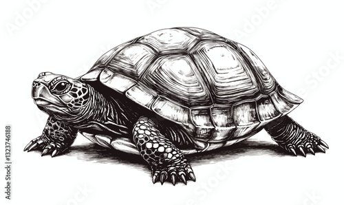 Detailed tortoise sketch in black and white - realistic animal engraving style vector.
