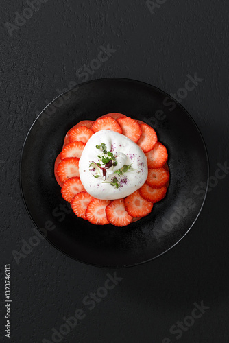 Burrata cheese with fresh strawberries and tomatoes, garnished with microgreens. Elegant gourmet dish on a black plate. Fine dining presentation.