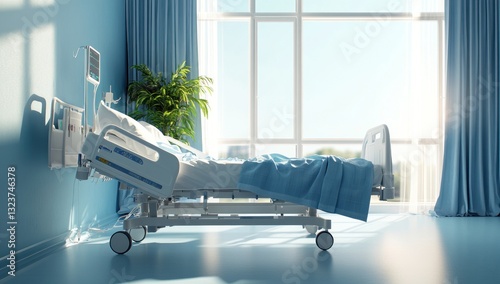 Sunny hospital room with empty patient bed.