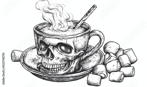Spooky skull coffee cup with marshmallows vector illustration, linear style icons set.