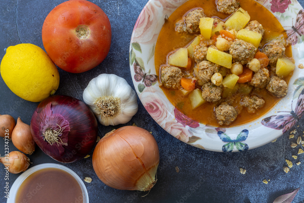 Round meatballs kneaded with bulgur, potatoes, carrots, chickpeas. Turkish name: Juicy meatballs with fine bulgur
