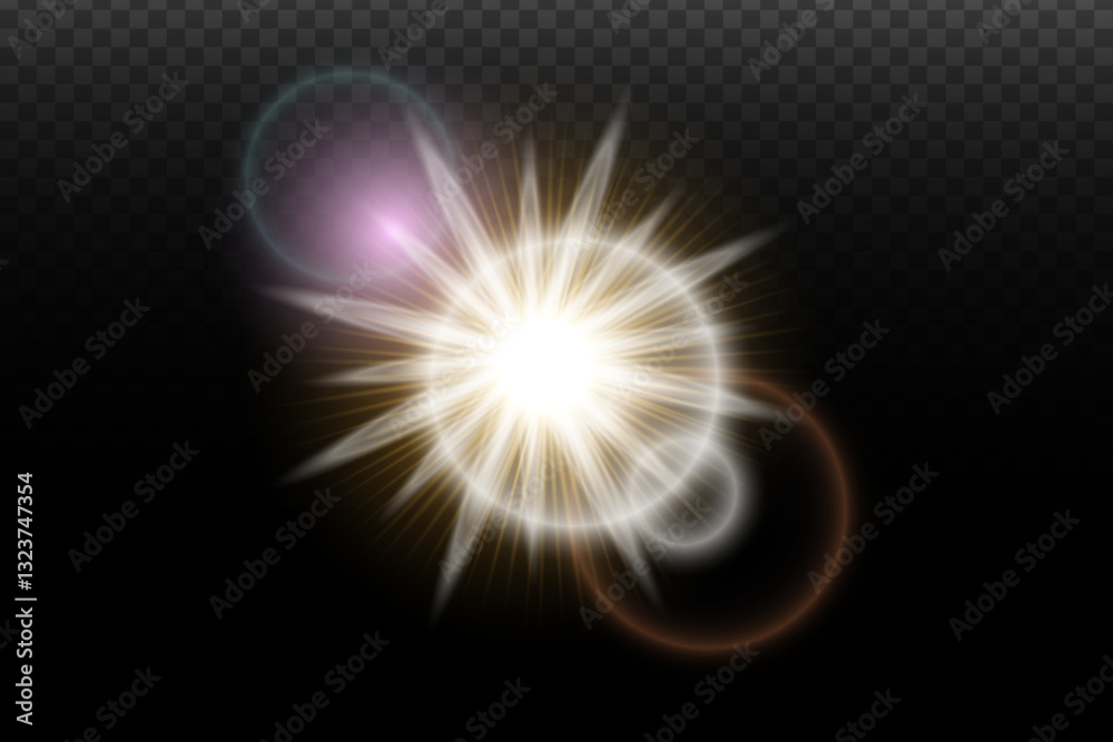 Obraz premium Light flash effect with flares and glow on a transparent background. Magical glow, shining light, star, optical flares for design, photomontage, New Year, and festive projects.